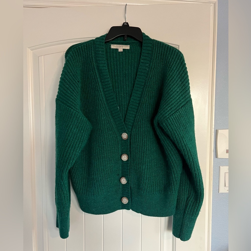 Green cardigan from The Loft